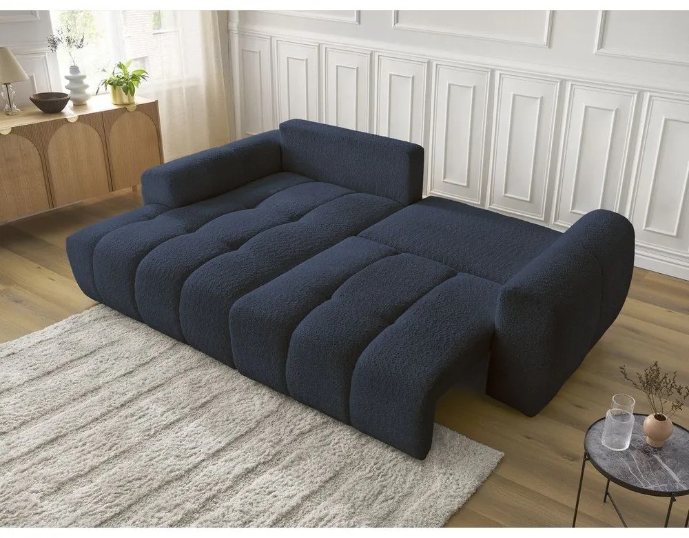 Niebieski rozkładany/ze schowkiem narożnik z materiału bouclé (lewostronny/z szezlongiem) Roxelane – Bobochic Paris