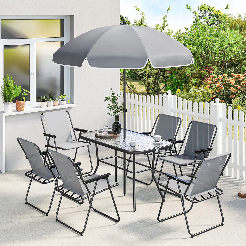 Outsunny Zestaw Mebli Ogrodowych 119 x 68 cm Stół ze Szkła z 6 Składanymi Krzesłami Parasol Wzór Wodny Szary | Aosom PL