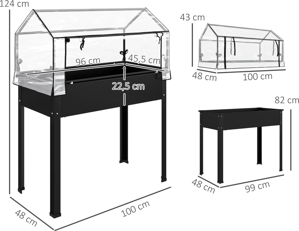 Outsunny Wysoki grządek z dachem cieplarnianym, Podniesiona skrzynka do sadzenia z otworami odpływowymi, 100 x 48 x 124 cm, Czarny