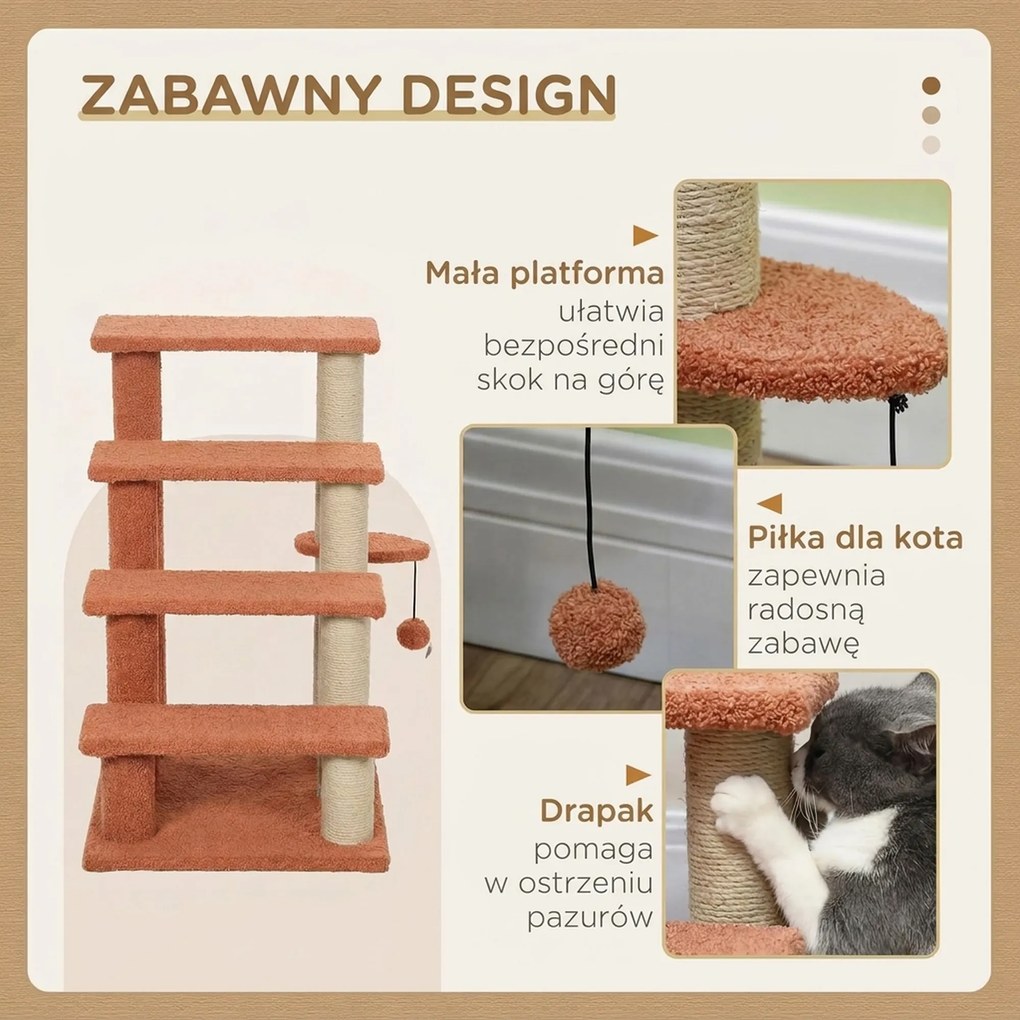 PawHut drabinka dla kota z drapakiem 4 stopnie schodki dla małych zwierząt do 5 kg brązowa 60x40x64cm | Aosom PL