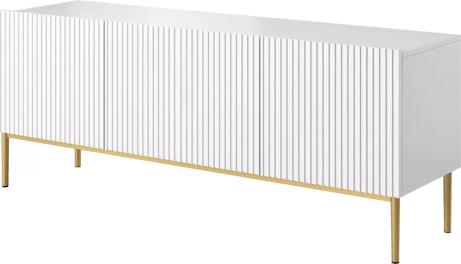 Szafka RTV Nicole 150 cm na metalowych nogach z szufladą - biały mat / złote nóżki