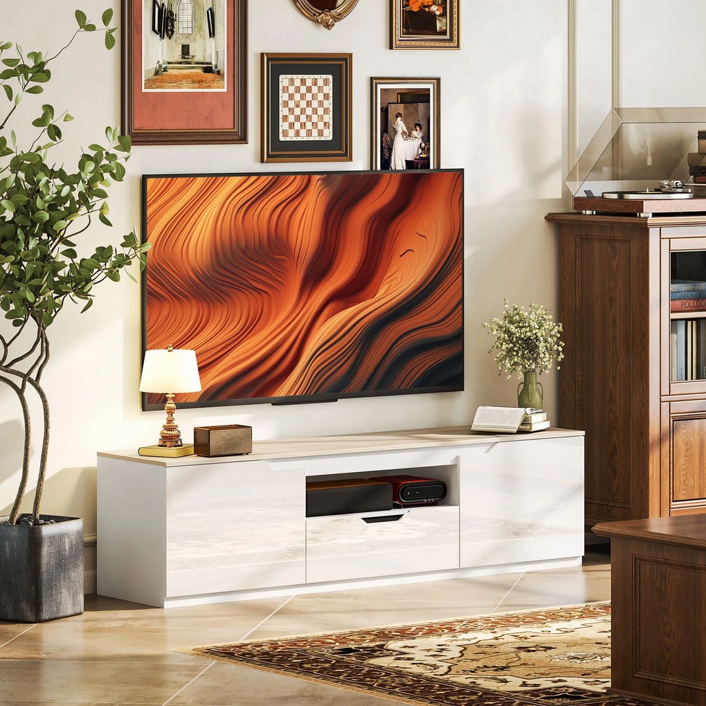 HOMCOM Lowboard TV, wysoki połysk, dla telewizorów do 165 cm, 3 schowki, szuflada, 160 x 38 x 43 cm, naturalne drewno | Aosom PL