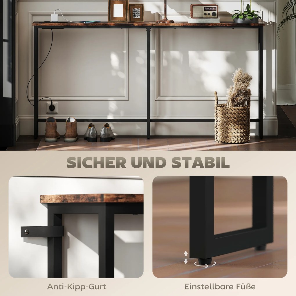 HOMCOM Smukły Stolik Konsola z Ładownicą, Styl Industrialny, Stelaż ze Stali, Brązowy