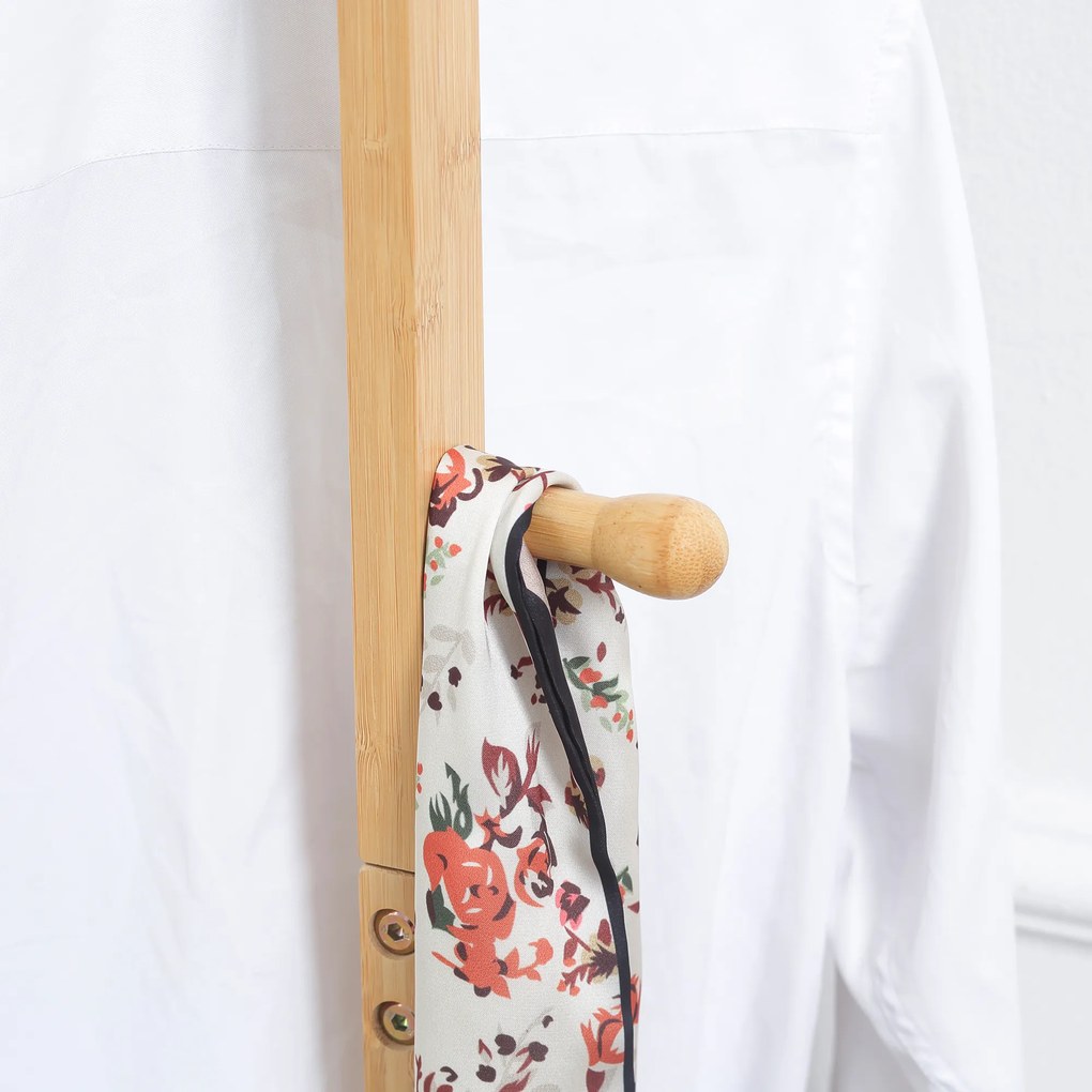 HOMCOM Nowoczesny stojak na ubrania, 2 haki &amp; 3 drążki, solidny bambus, 36x24x168 cm, naturalny