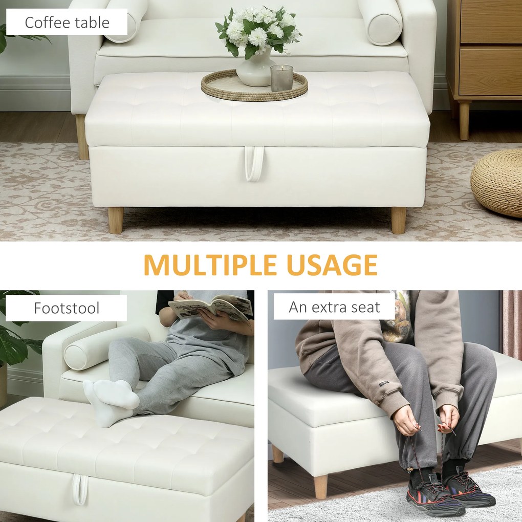 HOMCOM Puf z funkcją przechowywania, drewniane nogi, miękki materiał, Kremowy