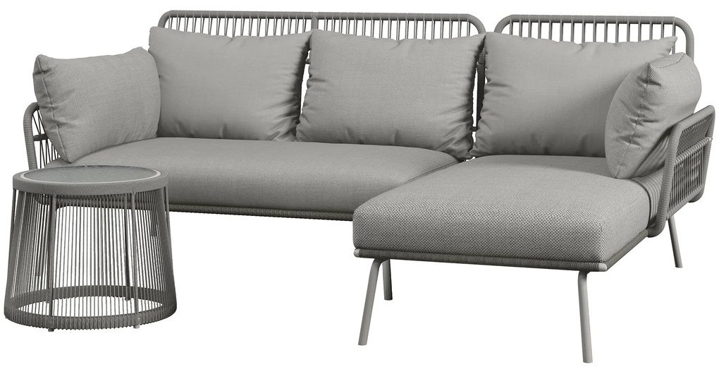 Outsunny 3-częściowy zestaw mebli ogrodowych z rattanu, komplet wraz z poduszkami, zestaw ogrodowy z 1 stolikiem, 1 leżakiem, 1 sofą dwuosobową, zestaw wypoczynkowy do ogrodu, tarasu, stal, jasnoszary