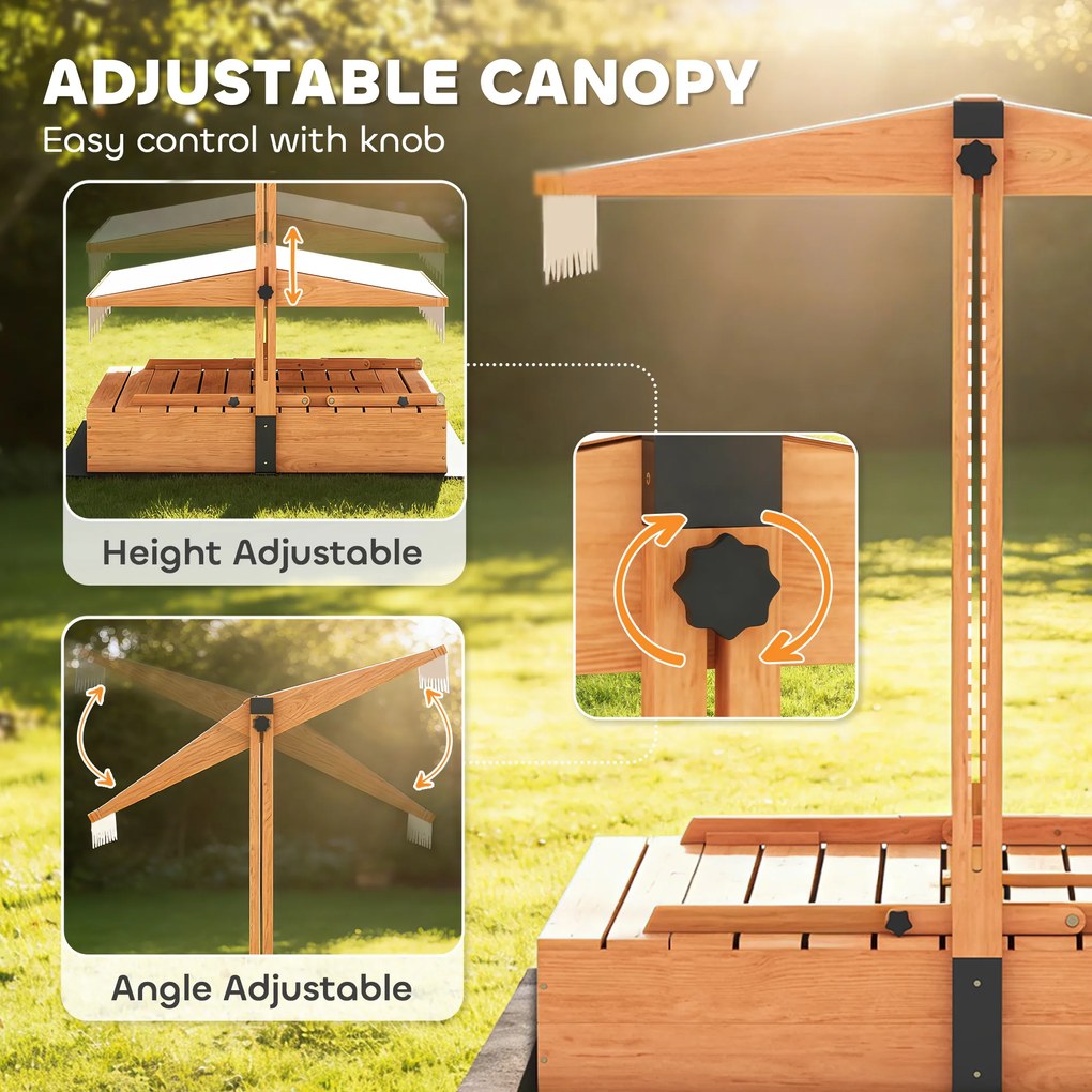 AIYAPLAY Piaskownica z dachem Piaskownica z drewna ze składanym stołem piknikowym i ławkami dla dzieci w wieku 3-8 lat 184 x 110 x 120 cm Brązowa | Aosom PL