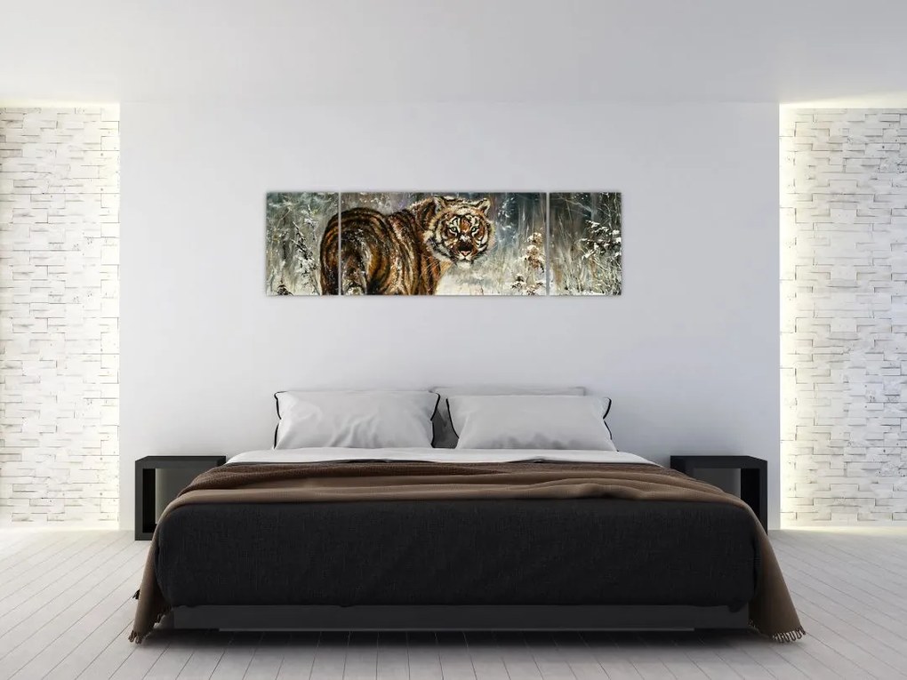Obraz - Tygrys w zaśnieżonym lesie, obraz olejny (170x50 cm)