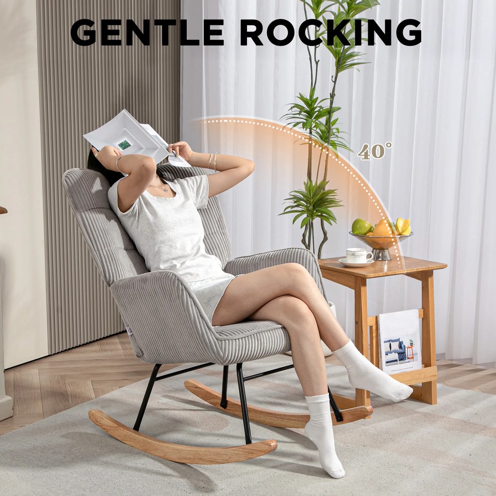 HOMCOM Vintage fotel bujany, zakrzywione płozki, grube wypełnienie, buk i stal, jasnoszary