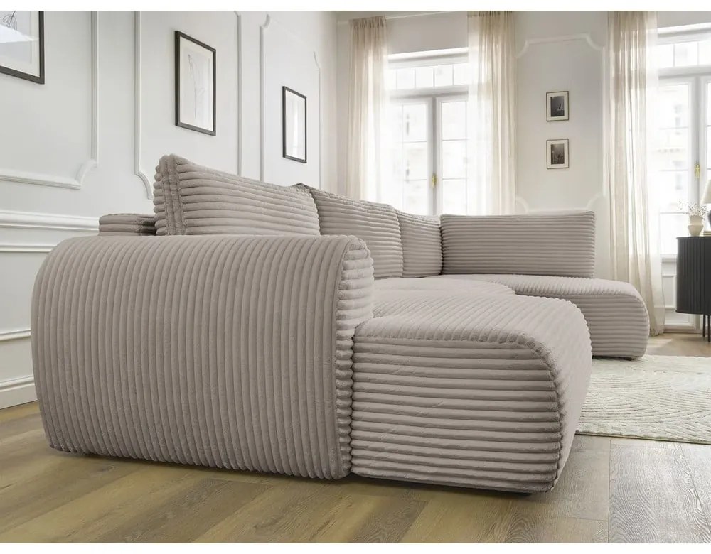 Jasnoszary/beżowy sztruksowy rozkładany/ze schowkiem narożnik (prawostronny/w kształcie litery U) Lucien – Bobochic Paris