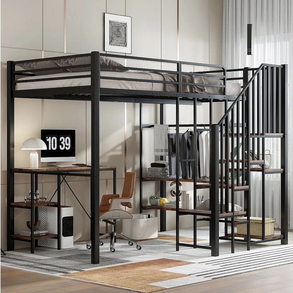 Łóżko piętrowe dla dzieci - 120 x 200 cm - drabinka narożna ze schowkiem + stolik i półka - metal + płyta MDF - czarne