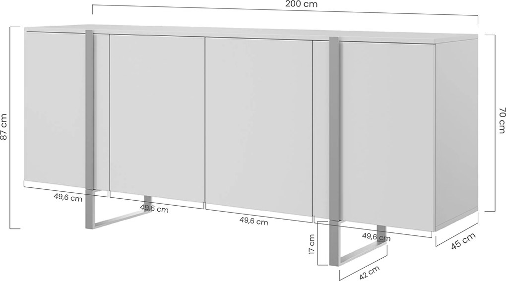 Komoda Verica 200 cm czterodrzwiowa - czarny beton / czarne nóżki