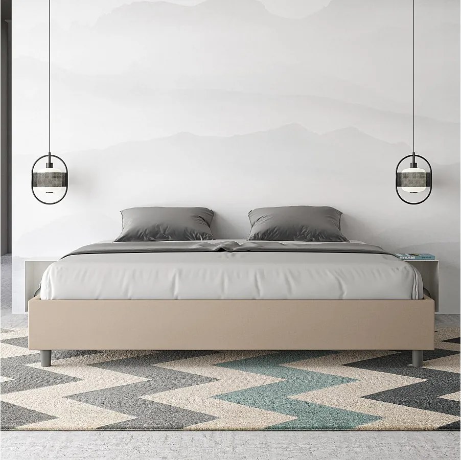 Łóżko wyposażone w stelaż z listwami z pojemnikiem tapicerowane 180x200 sztucznej skóry Szaro-beżowy Azelia