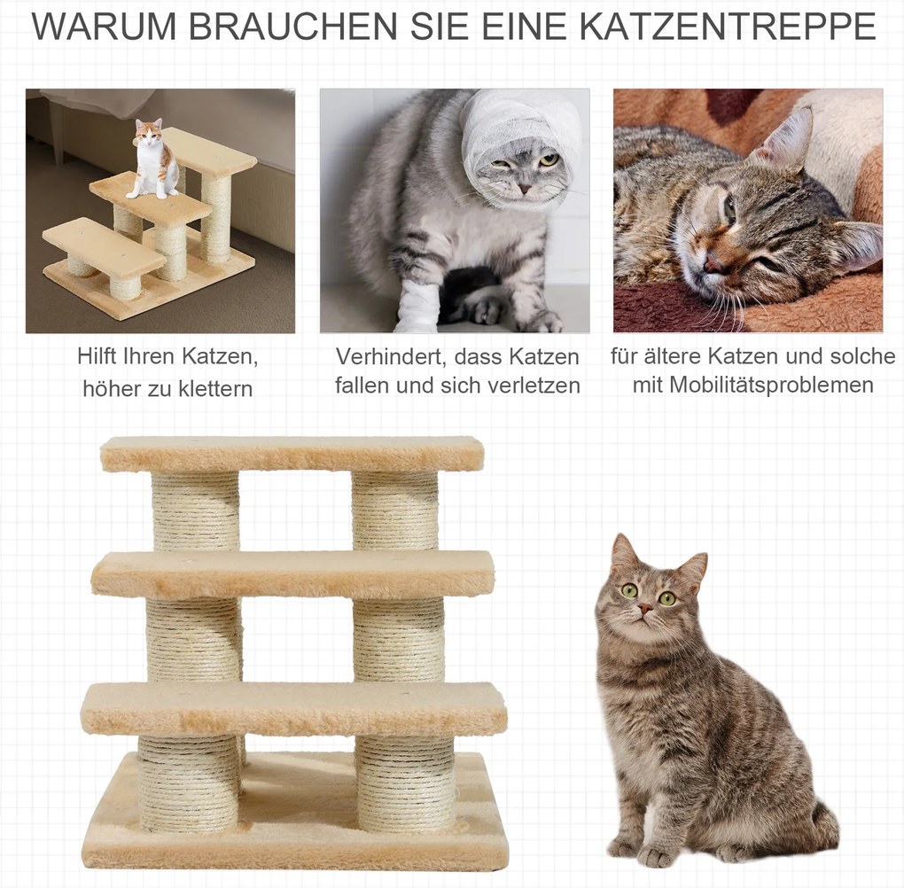 PawHut drapak schodki dla kota i psa 3 stopnie stabilne schody dla zwierząt domowych beżowe 45x35x34cm | Aosom PL