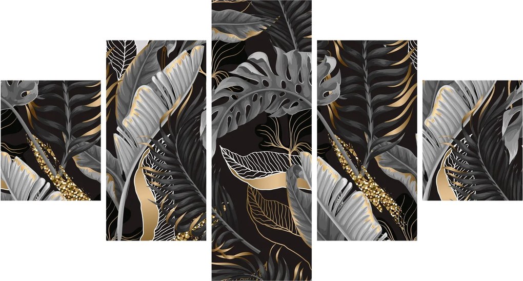 Obraz - Tropikalne liście w kolorze czarno - złotym (125x70 cm)
