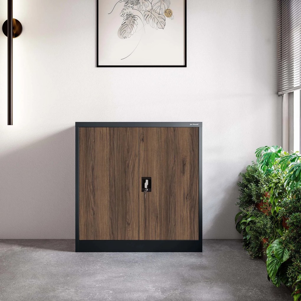 Metalowa szafka do gabinetu BEATA, 900 x 930 x 400 mm, Eco Design: antracytowa/ orzech