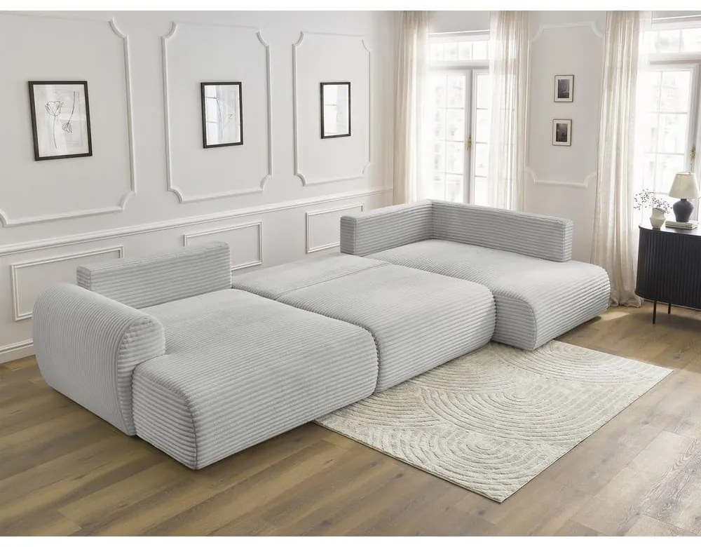 Jasnoszary sztruksowy rozkładany/ze schowkiem narożnik (prawostronny/w kształcie litery U) Lucien – Bobochic Paris