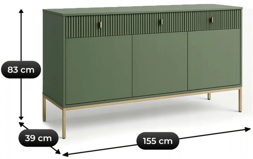 Komoda do Salonu Sypialni MARCOS 155 cm Zielona Ryflowana Trzydrzwiowa z Szufladami Nowoczesna