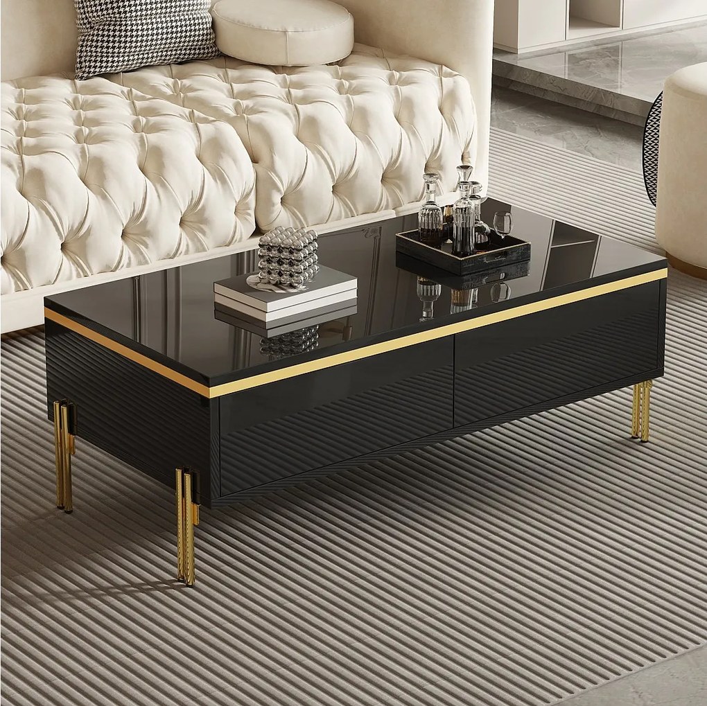 Nowoczesny stolik kawowy lakierowany na wysoki połysk - 100 x 50 x 36 cm - z 2 szufladami - płyta wiórowa - czarny