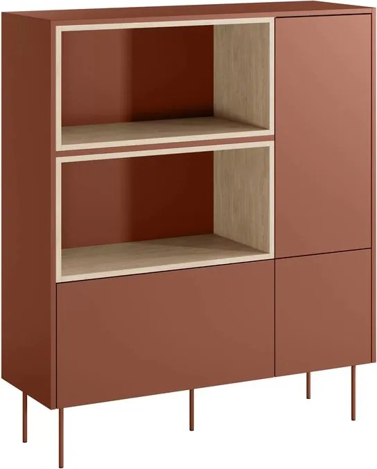 Komoda wysoka Desin 120 cm dwudrzwiowa z szufladą i wnękami - czerwony / ceramic red / dąb nagano