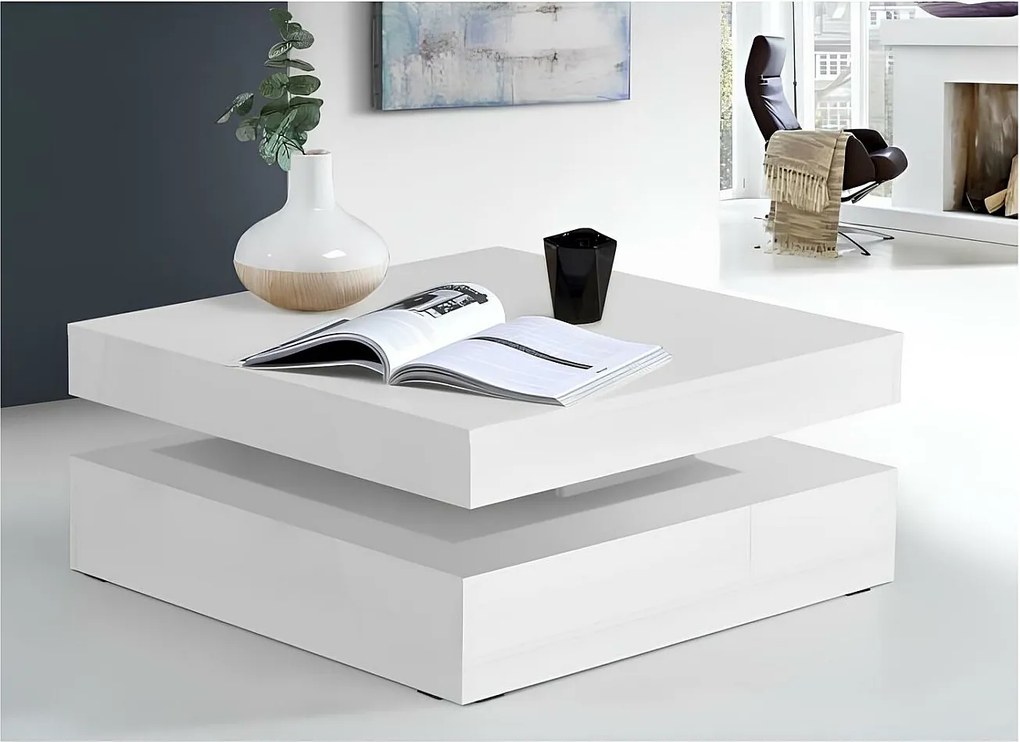 Kwadratowy stolik kawowy z obracanym błyszczącym białym blatem dla nowoczesnego i praktycznego salonu