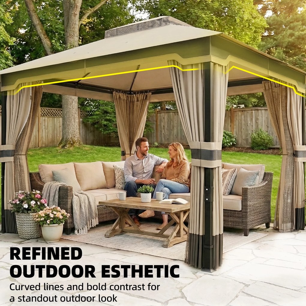 Outsunny Pawilon 3,6x3 m Wodoodporny Stabilny Zimowy Pawilon Ogrodowy z Podwójnym Dachem, Moskitierą, Zasłonami, Otworami Odwadniającymi | Aosom PL