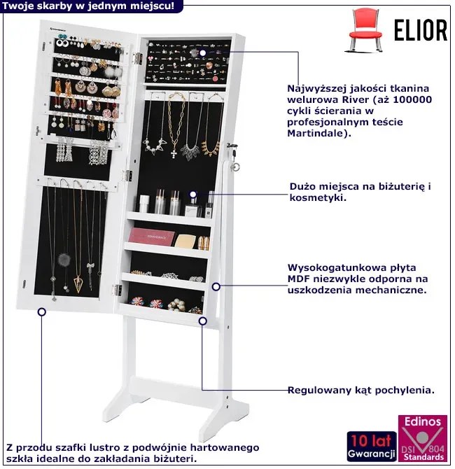 Biała szafka na biżuterię z lustrem na klucz N8-S66