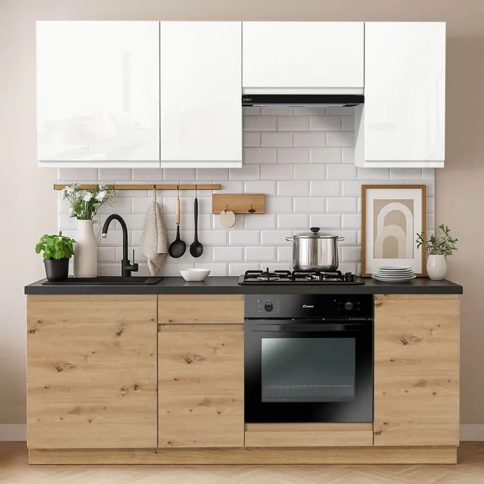 Zestaw Mebli Kuchennych MODERN 200 cm Biały Połysk/Dąb Nowoczesny