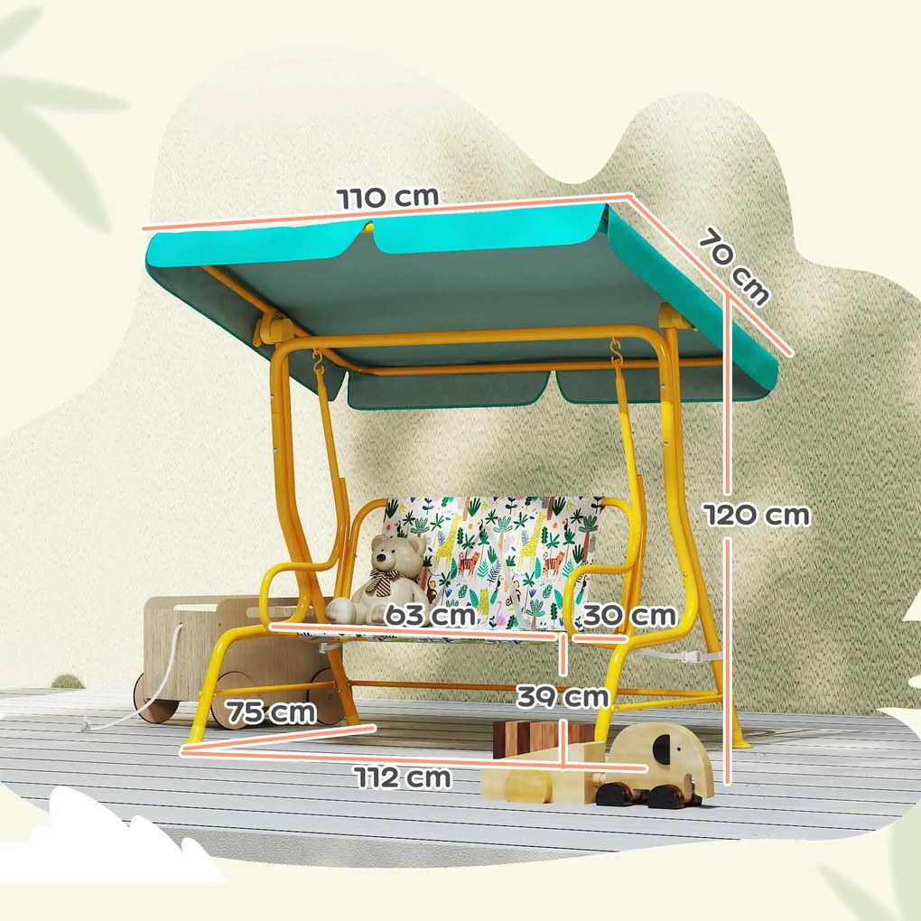 AIYAPLAY 2-osobowa dziecięca huśtawka Hollywood z regulowanym daszkiem przeciwsłonecznym pas bezpieczeństwa dla 3-6 lat do 60 kg 112x75x120cm zielony | Aosom PL