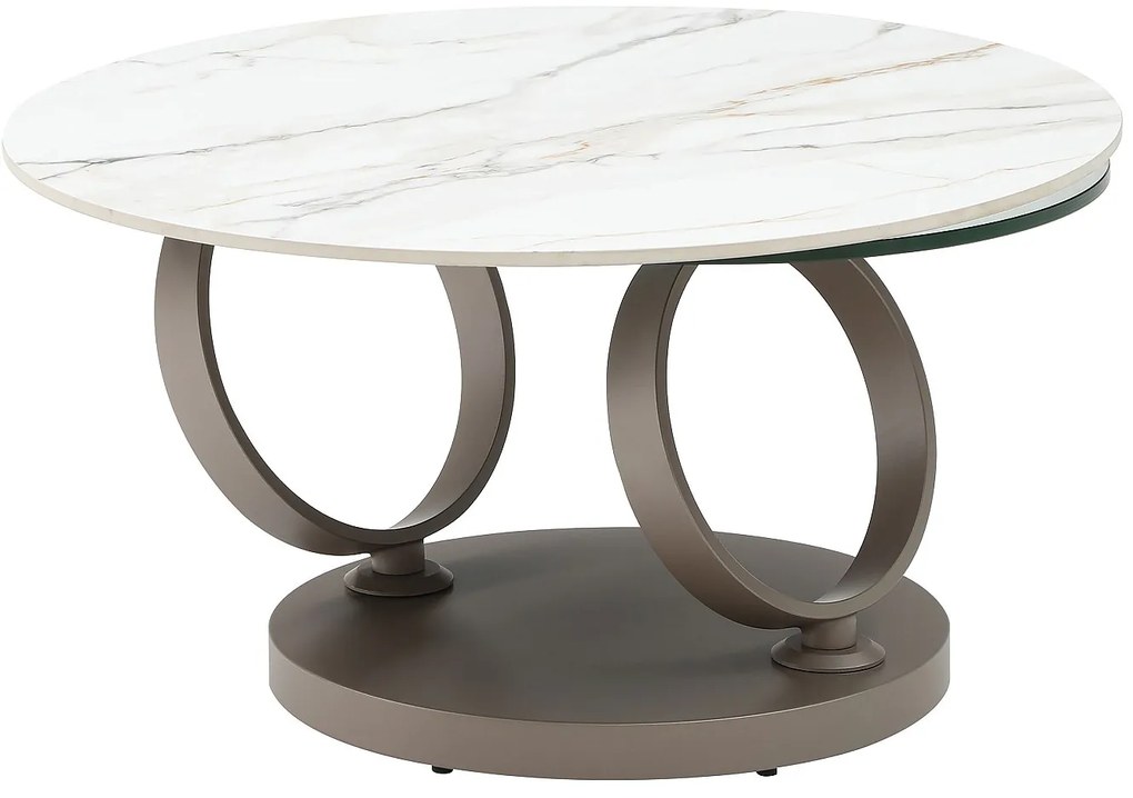 Stolik kawowy z obrotowymi blatami z ceramiki, szkła hartowanego i metalu taupe - Efekt białego marmuru - JOLINE marki Maison Céphy