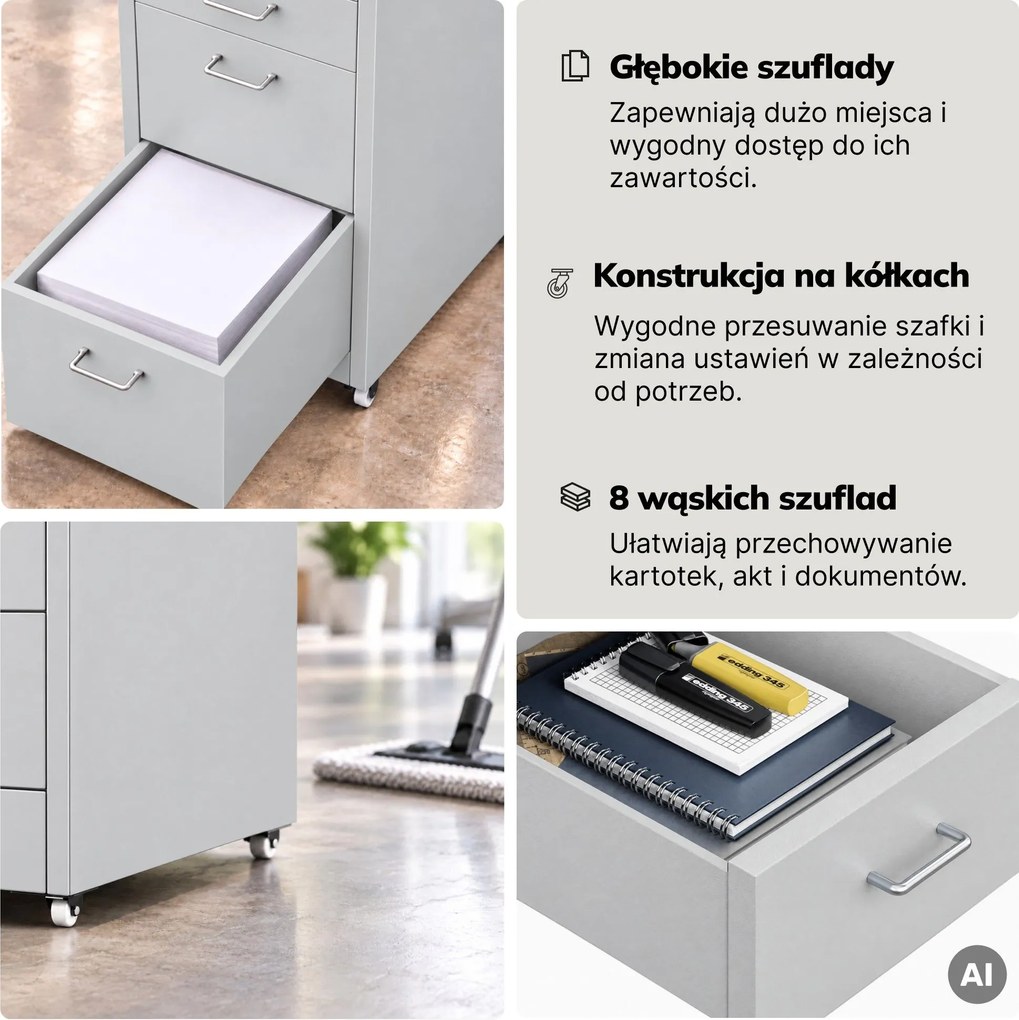 Szafka kartotekowa na kółkach, metalowa, 8 szuflad, na dokumenty, szara, 300x1100x600 mm: SARA V8