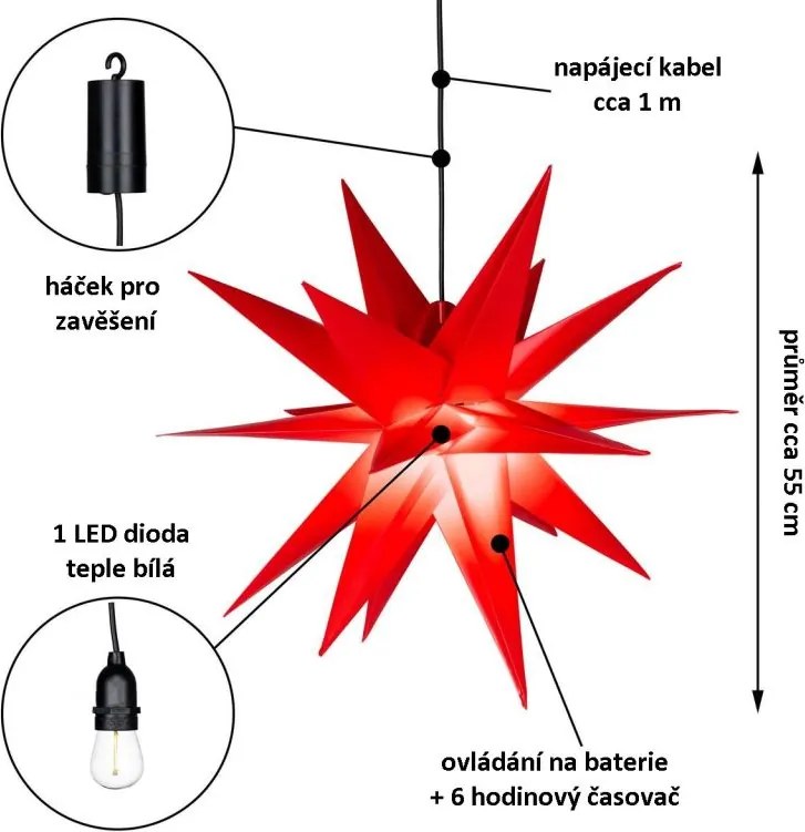 Dekoracja świąteczna - gwiazda z zegarem 1 LED, 55 cm, czer.