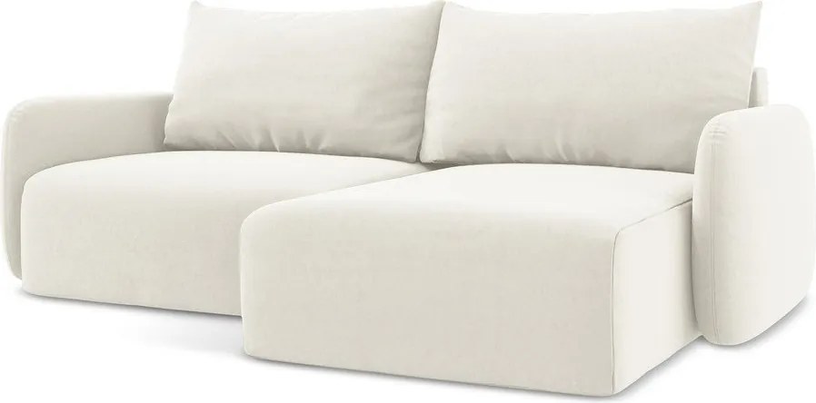 Kremowy aksamitny rozkładany/ze schowkiem narożnik (prawostronny/z szezlongiem) Kalena – Makamii