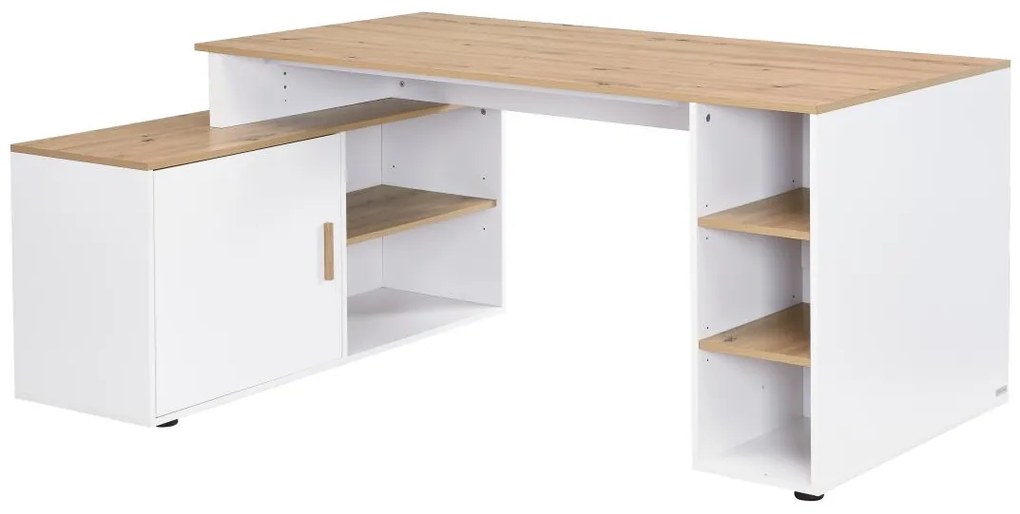 Biurko narożne z pojemnikiem - MDF - Białe i naturalne - ROMIARA