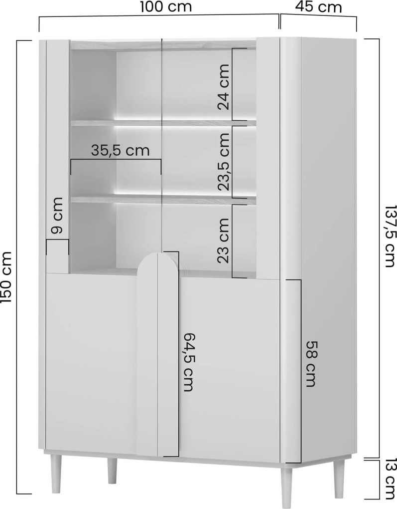 Witryna Amilio 100 cm dwudrzwiowa na nóżkach - eukaliptus / dąb baltic dune / uchwyty dąb naturalny