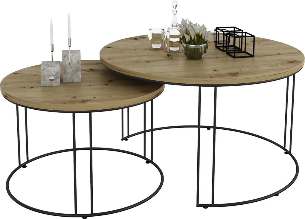 Industrialny zestaw stolików kawowych czarny + dąb artisan M8-D42