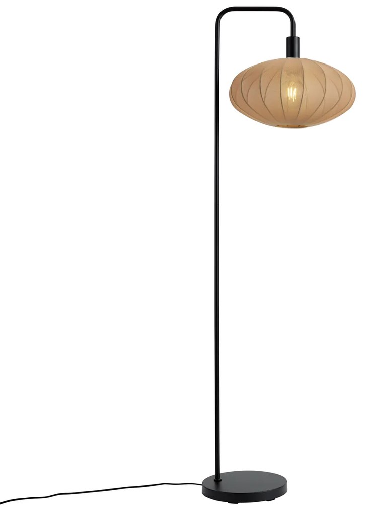 Lampa podłogowa Japandi czarna z brązowym materiałowym abażurem - Bida