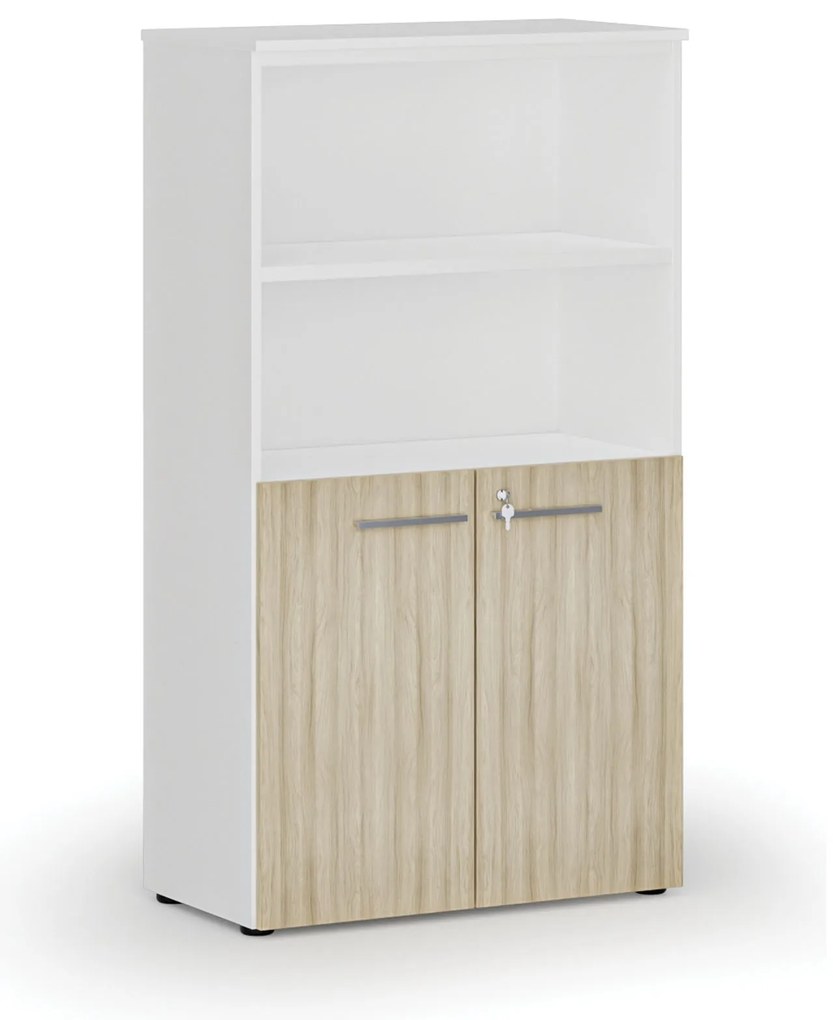 Szafa biurowa kombinowana PRIMO WHITE, drzwi na 2 poziomach, 800 x 420 x 1434 mm, biały/dąb naturalny