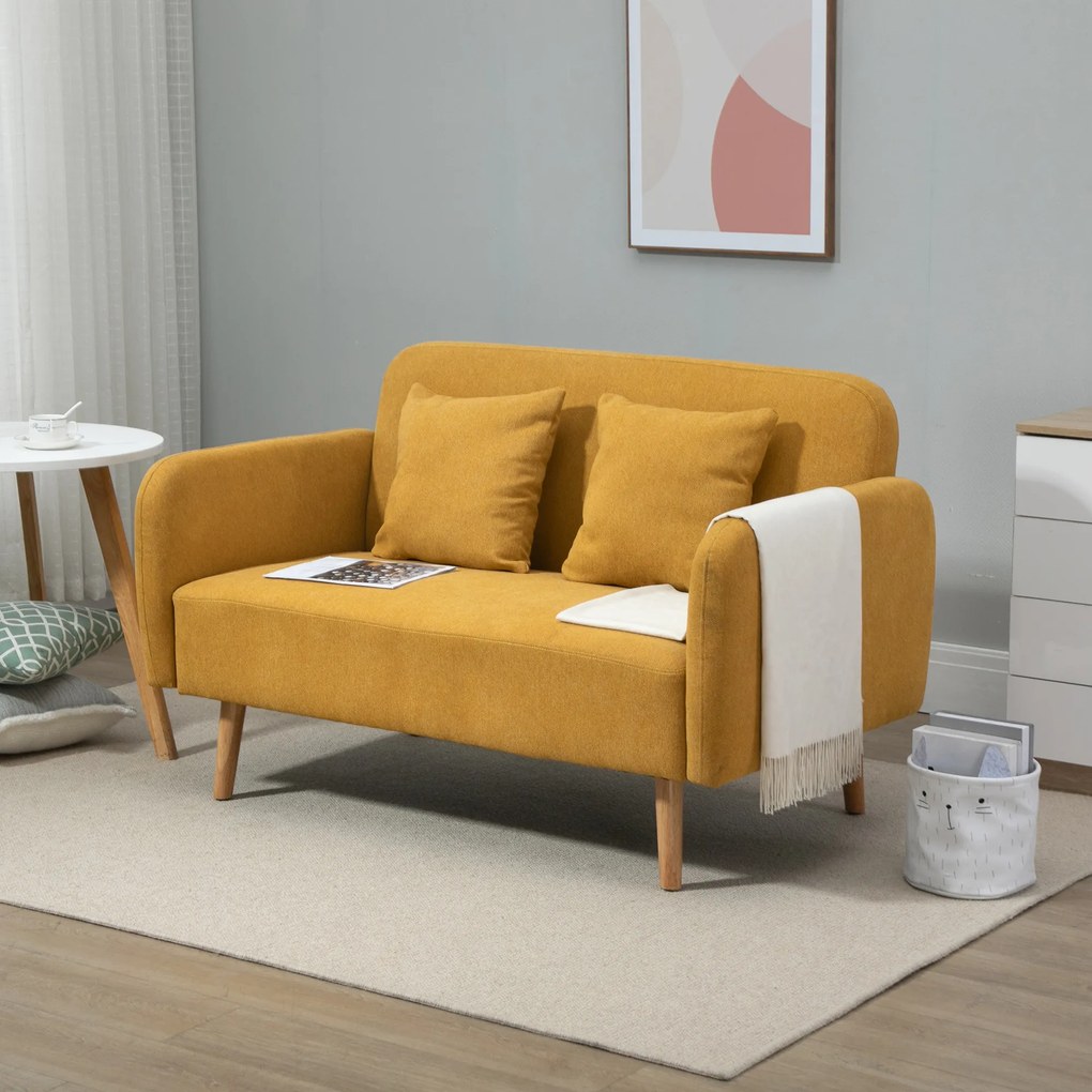 HOMCOM Sofa Dwuosobowa Szara - Kompaktowa Kanapa Loveseat z Poduszkami do Salonu i Biura, żółty+naturalny, 130 x 70 x 80 cm | Aosom PL