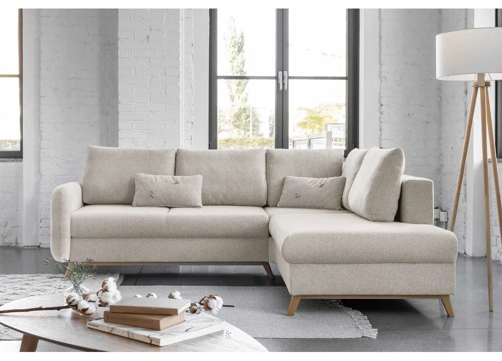 Beżowy rozkładany narożnik Miuform Scandic Lagom L, prawostronny