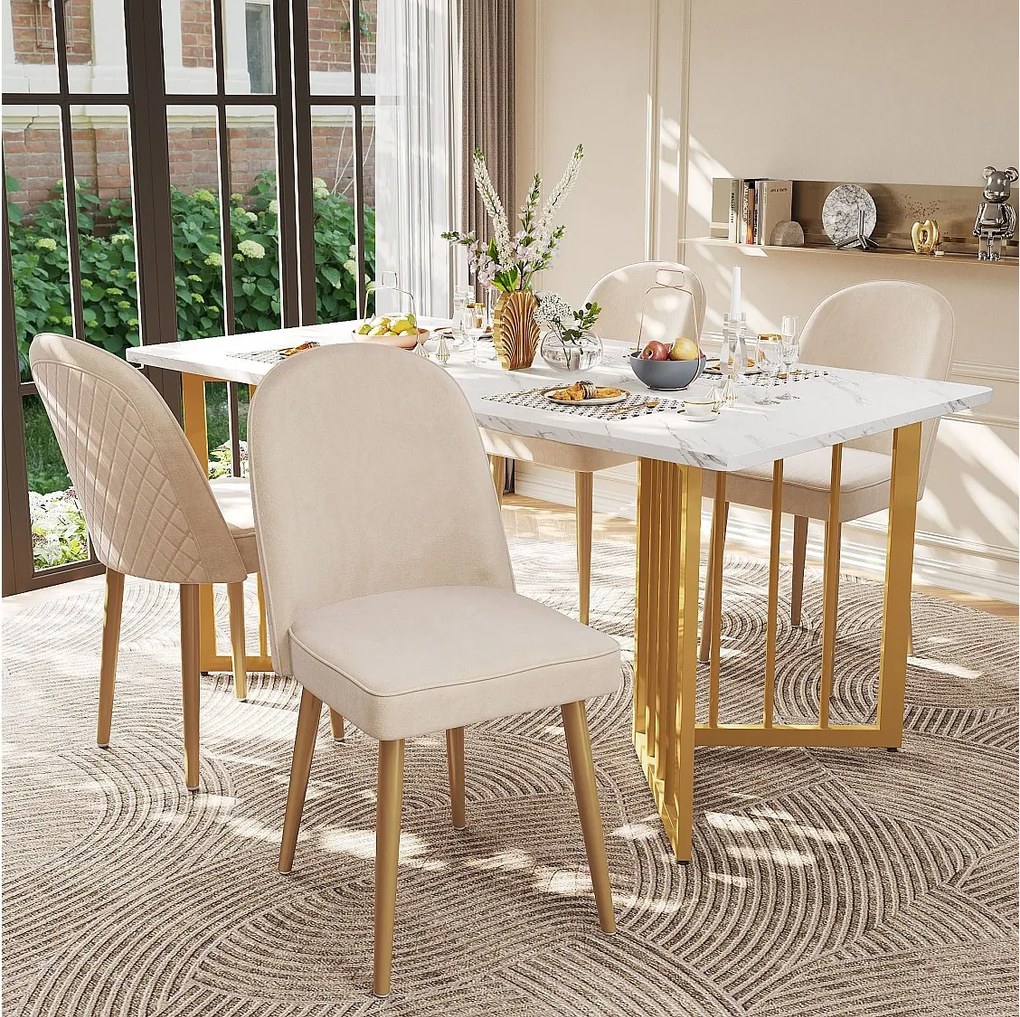 Zestaw 4 beżowych, welurowych krzeseł z wygiętymi oparciami i złotymi nogami – do jadalni i salonów