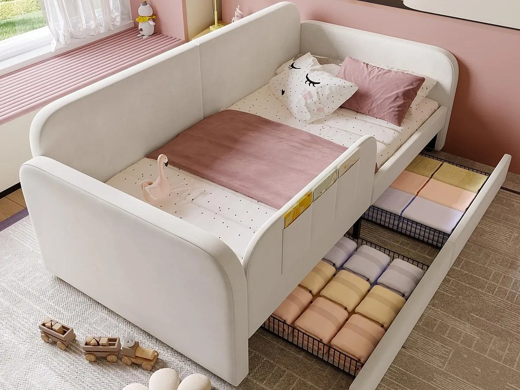 Sofa‑łóżko dziecięce 90x200 cm z aksamitu - z 2 szufladami - 3 małe kieszenie do przechowywania - Biały (bez materaca)