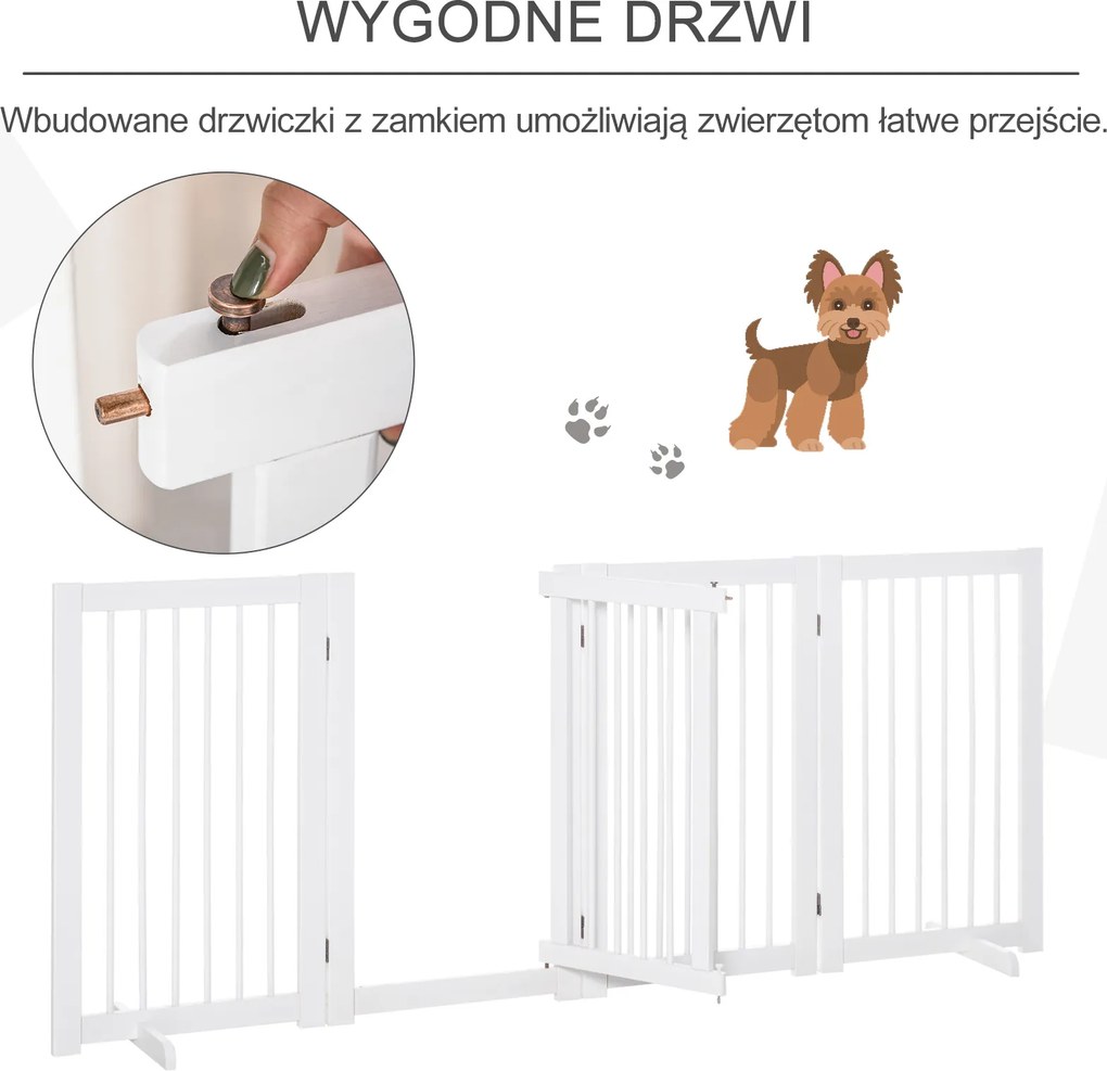 PawHut Bramka Zabezpieczająca dla Psów 4-elementowa, 220 x 91 cm Składana Bramka z Drzwiami, Wolnostojąca, z 2 Podpórkami, Ażurowa, Drewniana, na Korytarz, Kuchnię, Schody, Biała