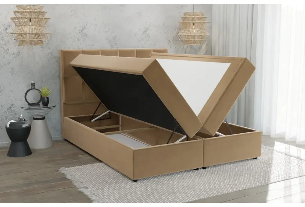 Łóżko boxspring ze schowkiem 180x200 cm w kolorze ochry Flip – Ropez