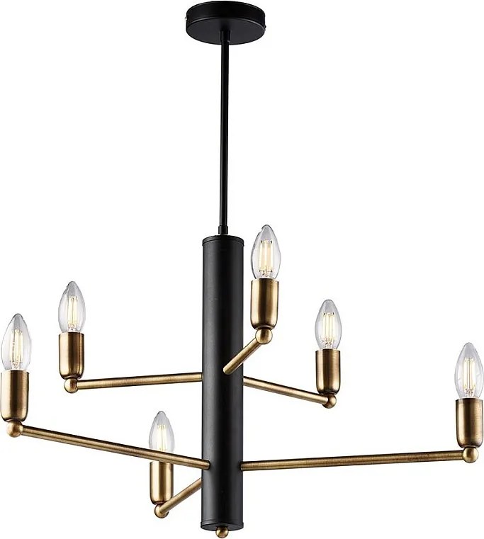 Lampa wisząca Isak z czarnego lakierowanego żelaza z wykończeniem z szczotkowanego mosiądzu, 6 świateł H.66 Ø53 BL311-6-NR