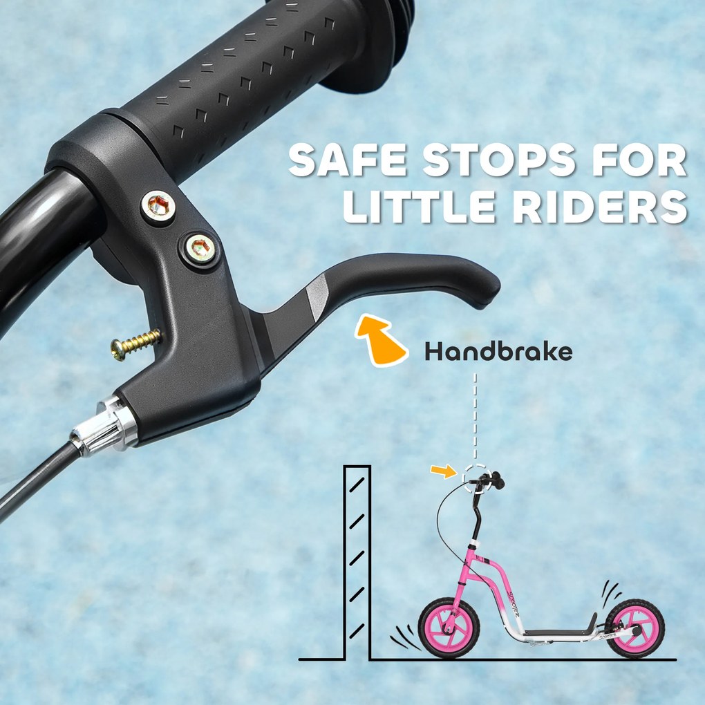 AIYAPLAY Hulajnoga dziecięca z regulowaną kierownicą, dużymi kołami, stojakiem do parkowania, hamulcem ręcznym, dla dzieci w wieku 5-12 lat, różowa