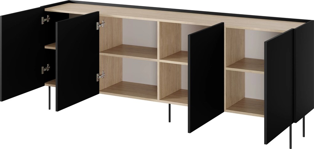 Komoda Desin 220 cm czterodrzwiowa - czarny mat / dąb nagano