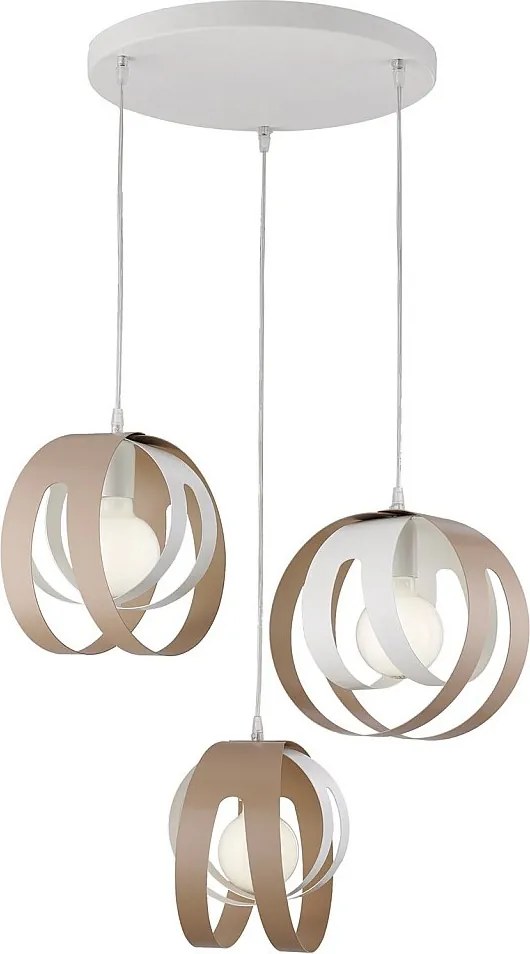 Lampa wisząca Tobias z okrągłą rozetą, laserowo cięte dyfuzory, żelazo lakierowane na biało i szaro, regulowany kabel, nowoczesny design, 3 światła