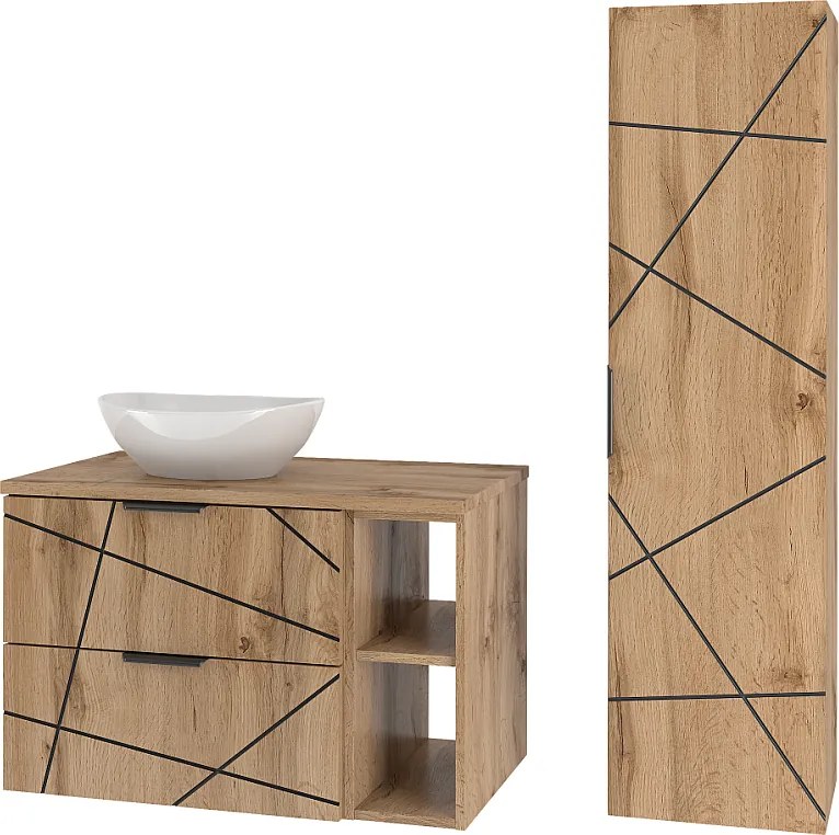 Zestaw Łazienkowy 80cm Szafka z Blatem Regał Umywalka Słupek Dąb Wotan Wood