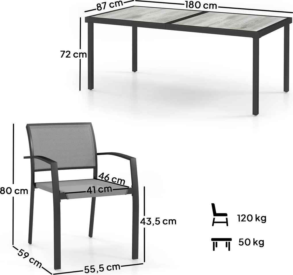 Outsunny 7-częściowy Zestaw Stołowy, 6 Krzeseł, 1 Stół, Składane, Łatwy w Czyszczeniu, Rama Stalowa, Meble Ogrodowe, Szary